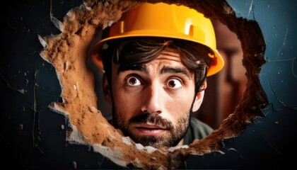 Young construction worker looks frightened through a hole in the wall