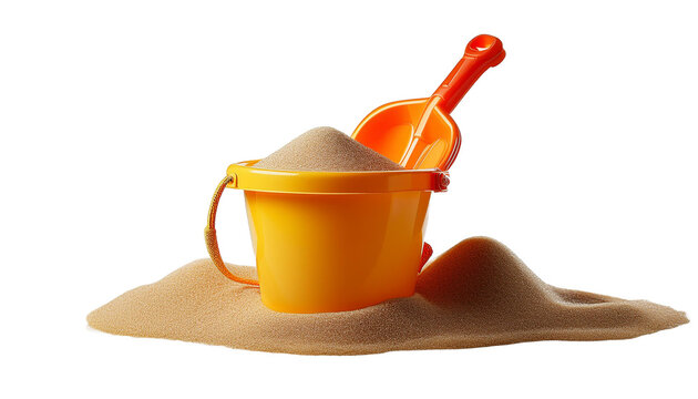 A plastic toy beach bucket with shovel on transparent background