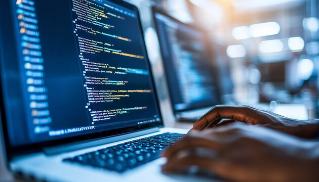 Coding on laptop with programming code displayed on screen, showcasing focused developer working on project. environment is modern and tech oriented, emphasizing collaboration and innovation