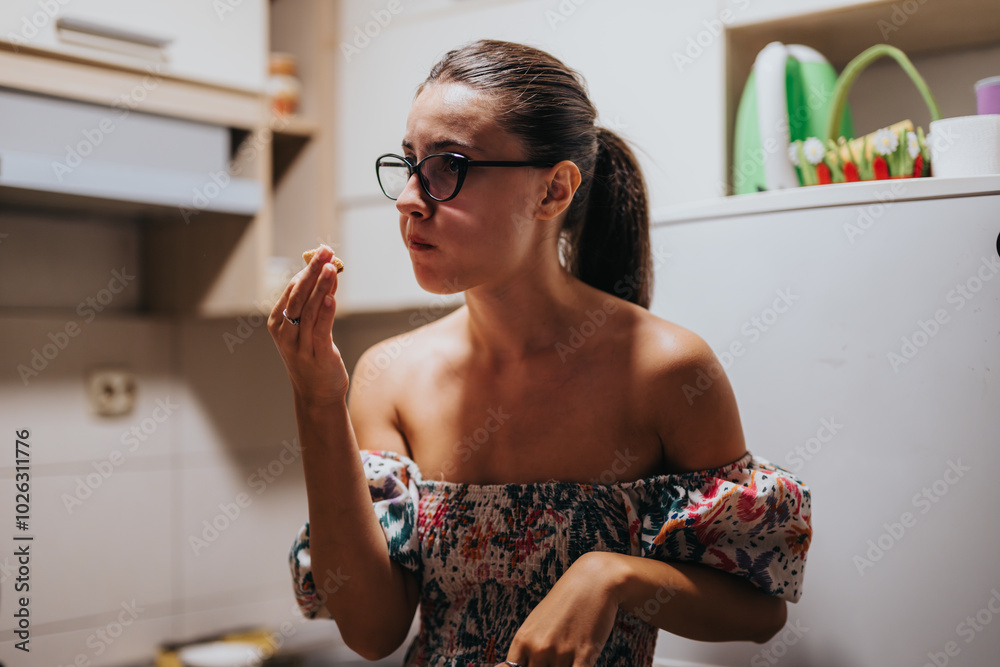 Wall mural a young woman in glasses stands in a kitchen, savoring a small snack. her casual attire and relaxed 