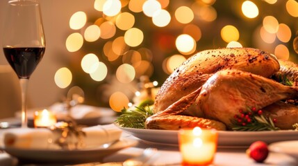 Obraz premium Festive holiday dinner table with roasted turkey and wine against warm bokeh lights.
