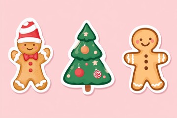 Cute Christmas sticker collection with gingerbread men and decorated Christmas tree on a pink...