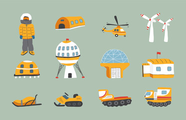 Fototapeta premium Polar station objects collection. Arctic or Antarctic expedition elements set. Vector illustration