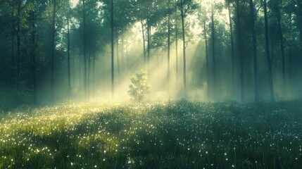 Obraz premium Sunbeams Piercing Through a Foggy Forest