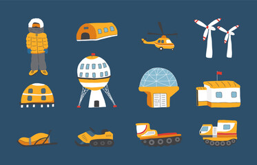 Polar station objects collection. Arctic or Antarctic expedition elements set. Vector illustration