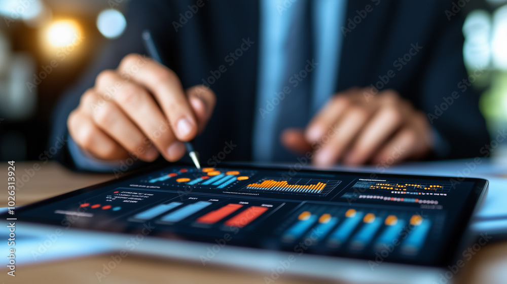 Poster Data analysis and visualization on tablet, showcasing graphs and charts. individual is focused on interpreting energy needs and trends, reflecting modern approach to data driven decision making