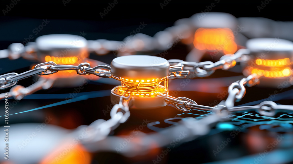 Aufkleber Futuristic technology concept featuring interconnected nodes and chains, symbolizing advanced energy solutions and AI integration. glowing elements create dynamic and innovative atmosphere