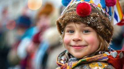 Fototapeta premium Smiling child in winter clothing with festive hat at outdoor winter festival