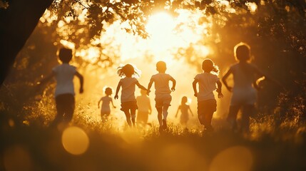 Fototapeta premium Children running in a sunlit field during golden hour.