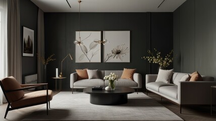 Fototapeta premium Modern living room interior with grey walls, white rug, beige sofa, round coffee table, and two lamps.