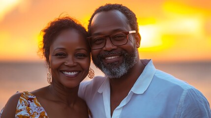 Fototapeta premium Couple smiling together during sunset by the beach.
