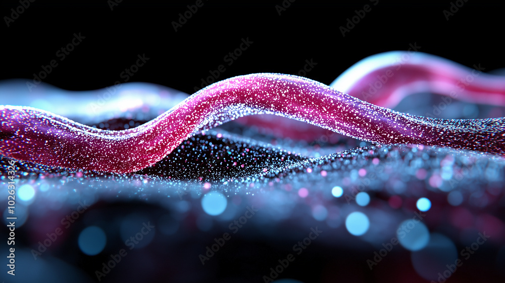 Poster vibrant abstract representation of flowing waves with sparkling particles, showcasing blend of pink 