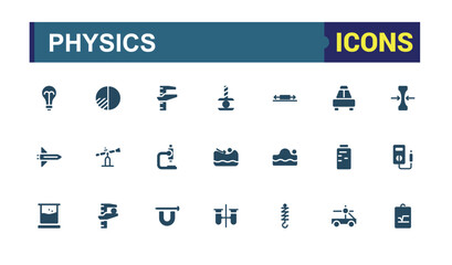 Set of solid Physics icons set. Related to spaceship, microscope, scientist, astronomy and more, glyph filled icons collection. Pixel perfect symbol pack. Vector illustration.