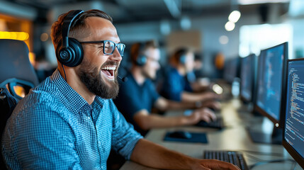 joyful male gamer wearing headphones is engaged in competitive esports environment, surrounded by fellow gamers at their computers. atmosphere is vibrant and energetic, showcasing excitement of