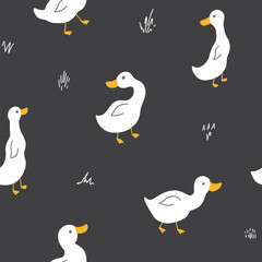 Cute Cartoon Duck Seamless Pattern, Vector Illustration Background