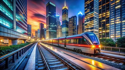 Fototapeta premium Modern Electric Train Gliding Through Urban Landscape at Night - City Night Photography