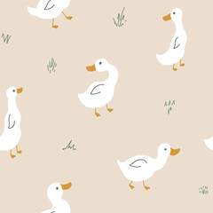 Cute Cartoon Duck Seamless Pattern, Vector Illustration Background