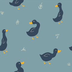 Cute Cartoon Duck Seamless Pattern, Vector Illustration Background