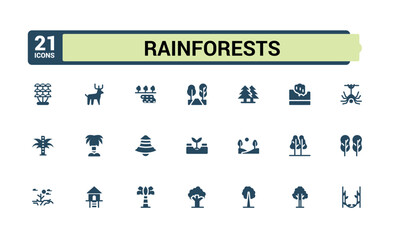 Rainforest solid icons set. Simple filled style icons pack. Related to tree, Leaf, garden and more, Editable flat icon collection, Pixel perfect.