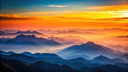 Fototapeta premium mountain ranges fading into sunset sky, layers of blue, gradient sky