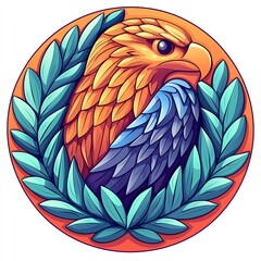 Obraz premium A vibrant, stylized eagle portrait surrounded by lush leaves, illustrating strength and majesty with a bold color palette.