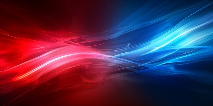 Abstract red and blue light waves flowing smoothly against a dark background, creating a futuristic and dynamic design with vibrant energy and fluid motion