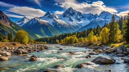 Mountain river with snow capped peaks in background
