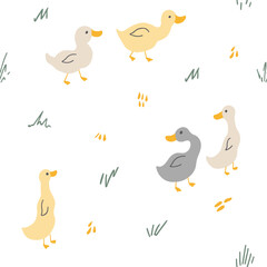 Cute Cartoon Duck Seamless Pattern, Vector Illustration Background