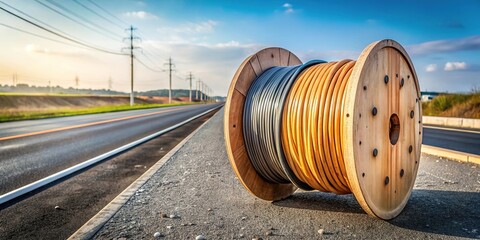 Optical fiber cable drum on footpath highway for cabling