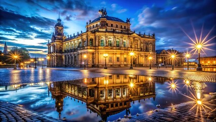 Obraz premium Night Photography of Semper Opera in Dresden, Germany with Street Lamps and Elbe River Views