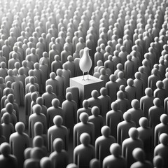 Obraz premium solitary white bird standing tall amidst a sea of gray figures symbolizing individuality and courage to stand out from the crowd.