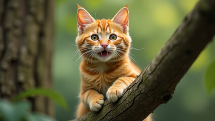 Funny ginger cat hanging on tree branch. Banner.