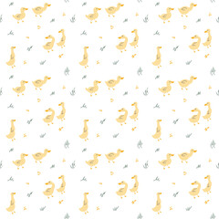 Cute Cartoon Duck Seamless Pattern, Vector Illustration Background