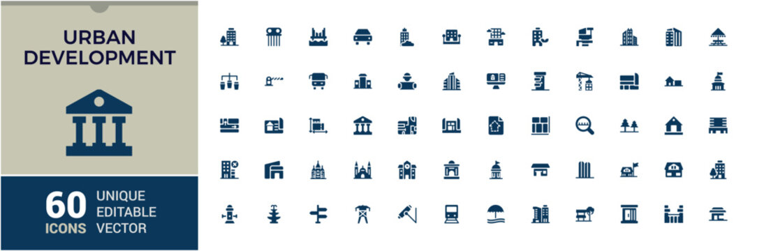 Urban development solid icons set. Related to building, constraction, hospital, cityscape, company and more. Editable filled flat icon collection. Vector illustration.