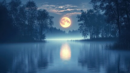 Fototapeta premium Halloween-themed decorative scene. A bright full moon reflects on the calm surface of a misty lake, surrounded by a foggy forest, creating a serene atmosphere.