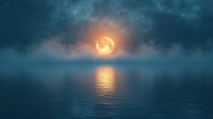 Naklejka premium Halloween-themed decorative scene. A bright full moon reflects on the calm surface of a misty lake, surrounded by a foggy forest, creating a serene atmosphere.