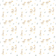 Cute Cartoon Duck Seamless Pattern, Vector Illustration Background