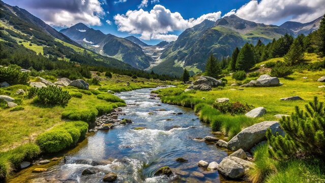 Mountain stream flowing in Pirin Mountains during Spring