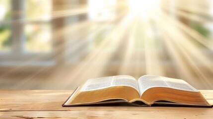 Open Bible on wooden table with sunlight streaming through windows