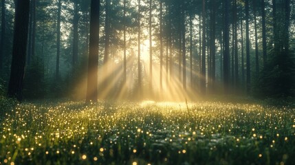 Fototapeta premium Golden Light Filtering Through Trees in a Foggy Forest