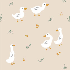 Cute Cartoon Duck Seamless Pattern, Vector Illustration Background