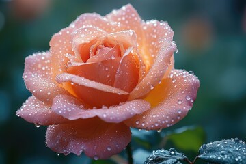Peach rose blooming in garden covered with rain drops