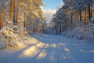 Obraz premium Golden light illuminating a cross country ski trail