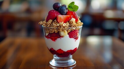 luscious close up of a summer berry parfait of yogurt granola and fruits in a  glass