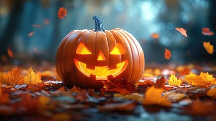 Halloween pumpkin glowing on autumn leaves in a spooky forest