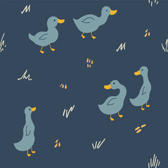 Cute Cartoon Duck Seamless Pattern, Vector Illustration Background