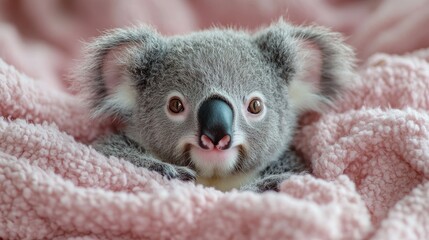Obraz premium Adorable baby koala relaxing on a soft pink blanket