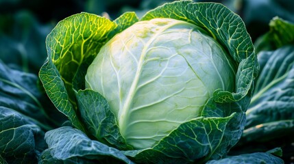 A close-up view of a fresh, green cabbage with its outer leaves slightly open.
