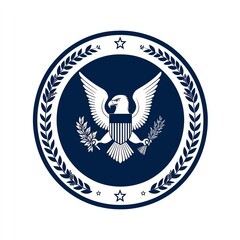 The image features a stylized emblem with an eagle, surrounded by laurel leaves and stars, symbolizing strength and unity.