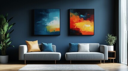 A modern living room featuring two colorful abstract paintings, stylish gray sofas, and lush greenery against a deep blue wall.